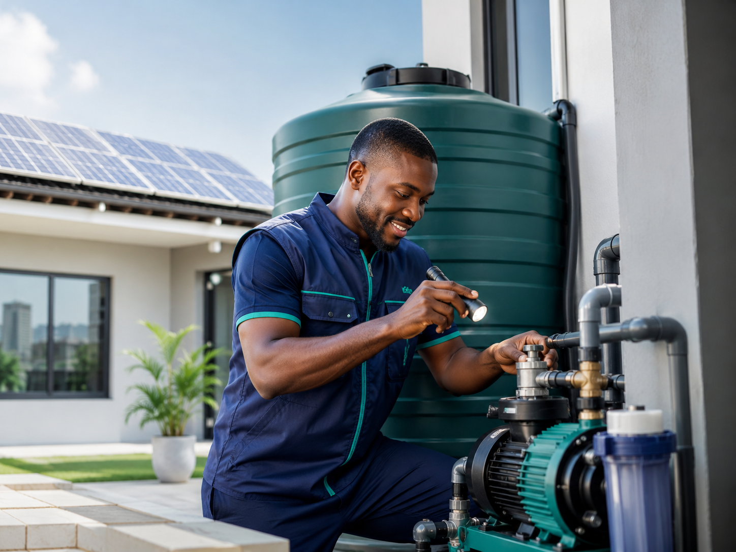 Blink technician inspecting a water pump and pipework